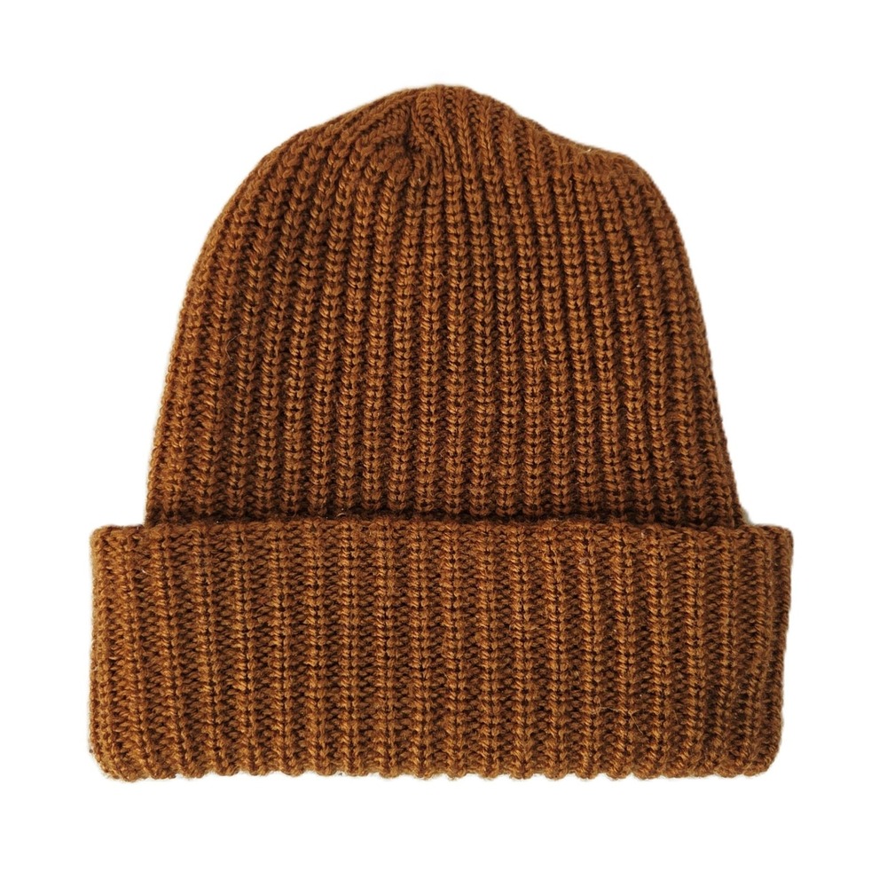 VINTAGE Made in Japan Thick Ribbed Cuffed Beanie Hat Rust Brown Knit Retro 80s